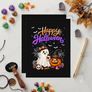 Postal Festiva Feliz Halloween Fantasma Lindo Calabaza Espeluznan