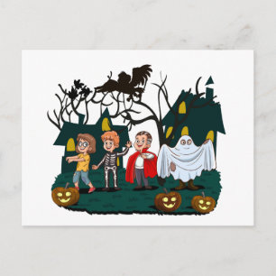 Postal Festiva Feliz Halloween Fantasmas y Calabazas