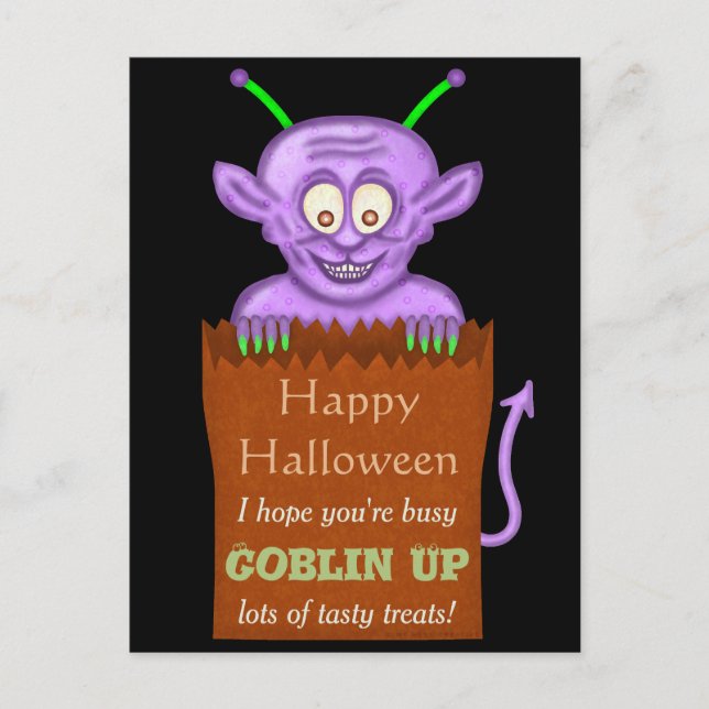 Postal Festiva Feliz Halloween Funny Morple Goblin Pun (Anverso)