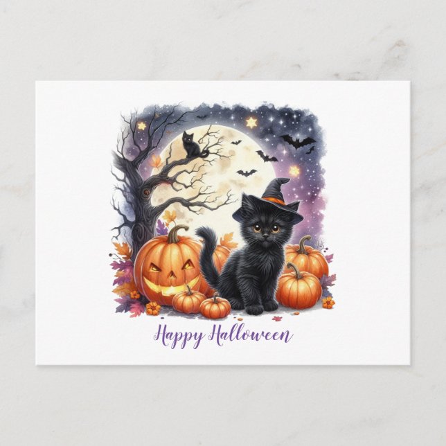 Postal Festiva Feliz Halloween Gatito Negro  (Anverso)