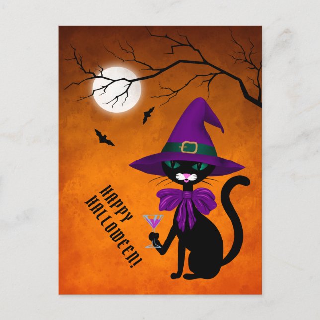 Postal Festiva Feliz Halloween Gato Negro Sombrero de Bruja Púrpu (Anverso)