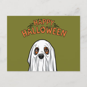 Postal Festiva Feliz Halloween lindo perro fantasma