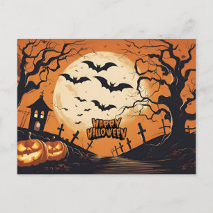 Postal Festiva Feliz Halloween Murciélagos volando sobre el cemen