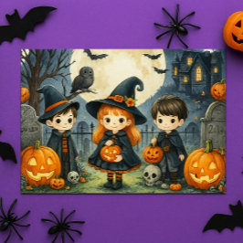 Postal Festiva Feliz Halloween Niños Lindos con Disfraces