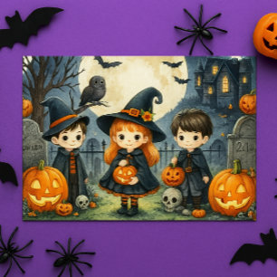 Postal Festiva Feliz Halloween Niños Lindos con Disfraces