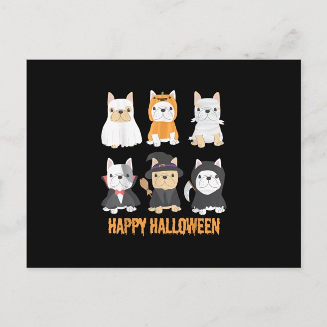Postal Festiva Feliz Halloween Pug Dogs Amante de Bulldog Francés (Anverso)