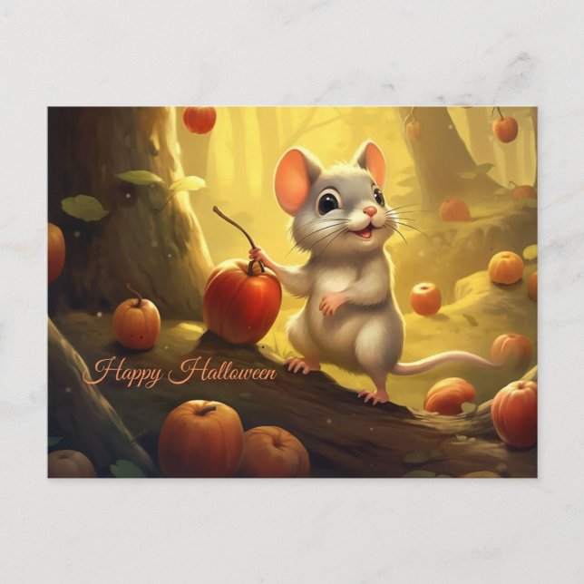 Postal Festiva Feliz Halloween, ratones y calabazas (Anverso)