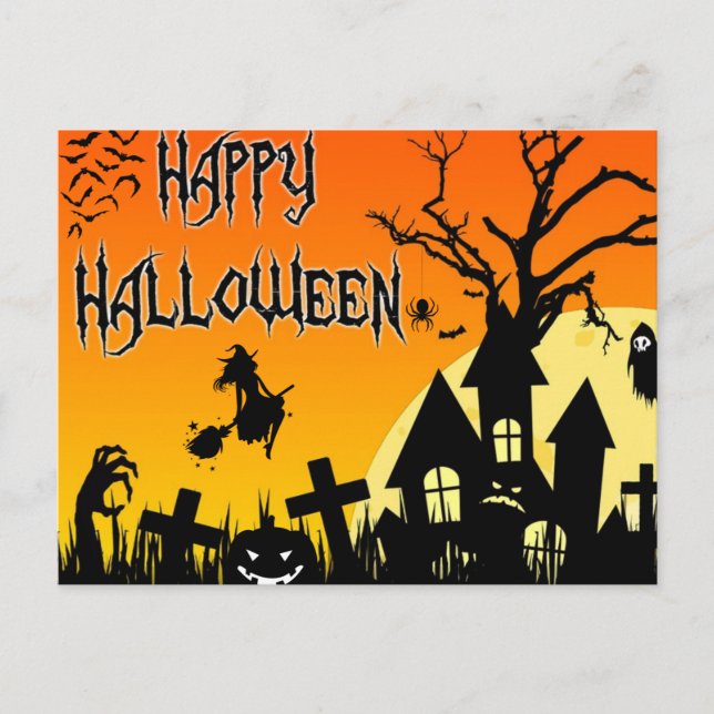 Postal Festiva Feliz Halloween Spooky Casa embrujada, cementerio (Anverso)