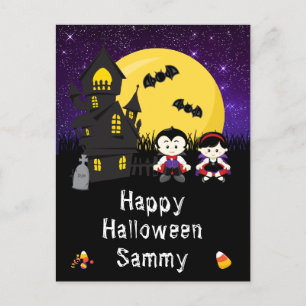 Postal Festiva Feliz Halloween Vampiros Morados
