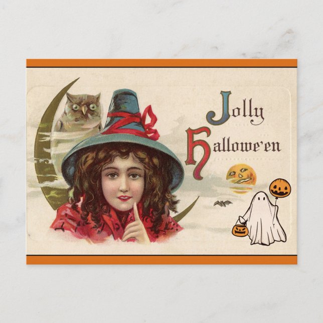 Postal Festiva Feliz Halloween Vintage Witch (Anverso)