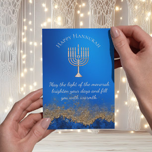 Postal Festiva feliz hannukah, menorah oro azul marino