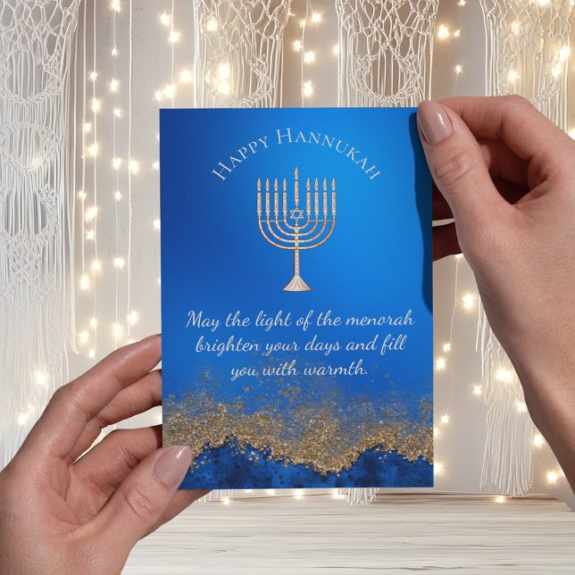 Postal Festiva feliz hannukah, menorah oro azul marino (Subido por el creador)