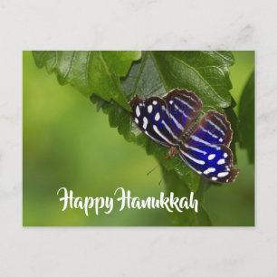 Postal Festiva Feliz Hanukkah azul y blanca mariposa