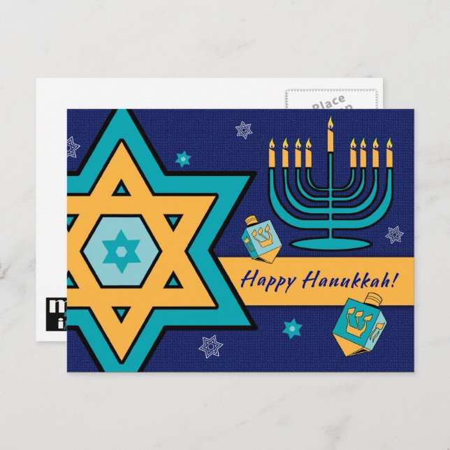 Postal Festiva Feliz Hanukkah. Estrella de David, Menorah, sueños (Anverso / Reverso)