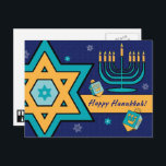 Postal Festiva Feliz Hanukkah. Estrella de David, Menorah, sueños<br><div class="desc">Feliz Hanukkah. Star of David,  Menorah y Dreidels diseñan Postcard. Tarjetas coincidentes,  invitaciones a fiestas y regalos disponibles en la categoría Festividades Judías / Hanukkah de nuestra tienda.</div>