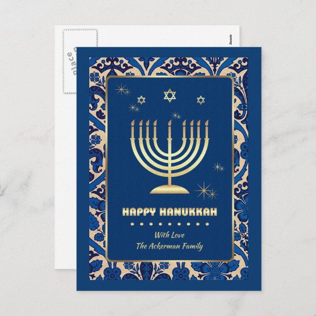 Postal Festiva Feliz Hanukkah. Gold Menorah (Anverso / Reverso)