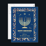 Postal Festiva Feliz Hanukkah. Gold Menorah<br><div class="desc">Feliz Hanukkah. Elegante Relieve metalizado dorado festivo Menorah y Estrellas de David Postcard con nombre personalizado. Tarjetas y regalos coincidentes disponibles en la categoría Festividades Judías / Hanukkah de nuestra tienda.</div>