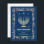 Postal Festiva Feliz Hanukkah. Gold Menorah<br><div class="desc">Feliz Hanukkah. Elegante Relieve metalizado dorado festivo Menorah y Estrellas de David Postcard con nombre personalizado. Tarjetas y regalos coincidentes disponibles en la categoría Festividades Judías / Hanukkah de nuestra tienda.</div>