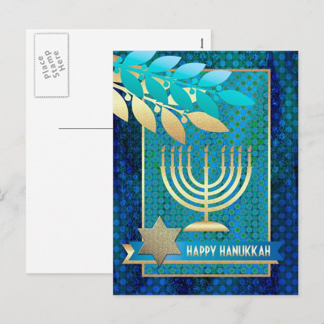 Postal Festiva Feliz Hanukkah. Menorah Gold y Estrella de David (Anverso / Reverso)