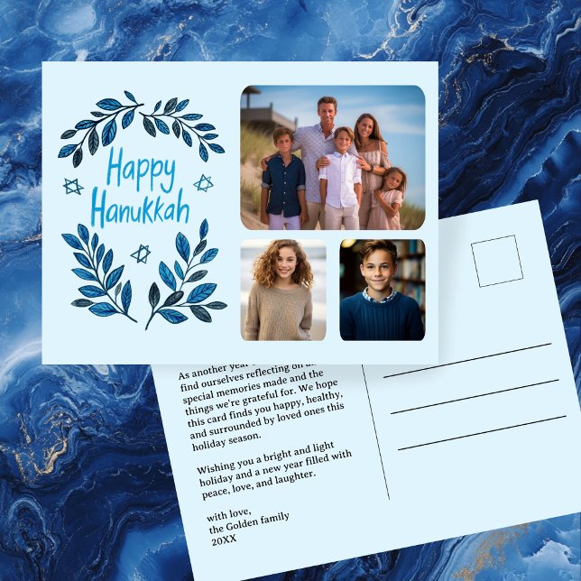 Postal Festiva Feliz Hanukkah PERSONALIZADO de acuarela botánica  (Happy Hanukkah Botanical Watercolor CUSTOM 3 Photo Holiday Postcard
)