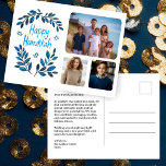 Postal Festiva Feliz Hanukkah PERSONALIZADO de acuarela botánica<br><div class="desc">¡Dulce dibujo para desear a alguien feliz hanukkah! Haga clic en "personalizar" para agregar sus propias fotos al frente y el texto al reverso. También disponible como tarjeta de felicitación o descarga digital para enviar instantáneamente por correo electrónico o mensaje de texto. Revisa mi tienda para más o hazme saber...</div>