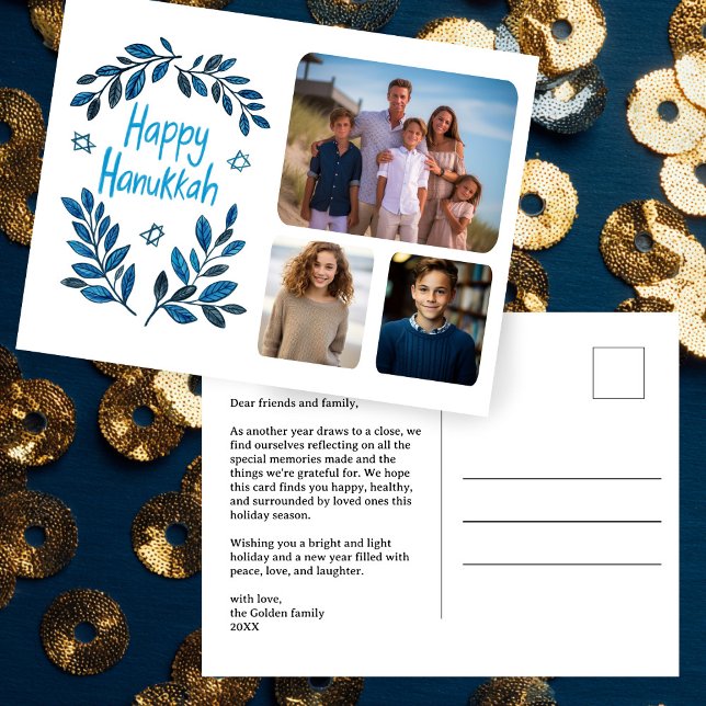 Postal Festiva Feliz Hanukkah PERSONALIZADO de acuarela botánica  (Happy Hanukkah Botanical Watercolor CUSTOM 3 Photo Holiday Postcard
)