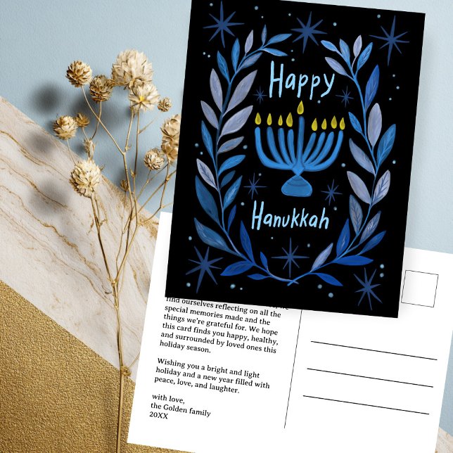 Postal Festiva Feliz Hanukkah PERSONALIZADO de la acuarela Menora (Happy Hanukkah Botanical Menorah Watercolor CUSTOM Holiday Postcard
)
