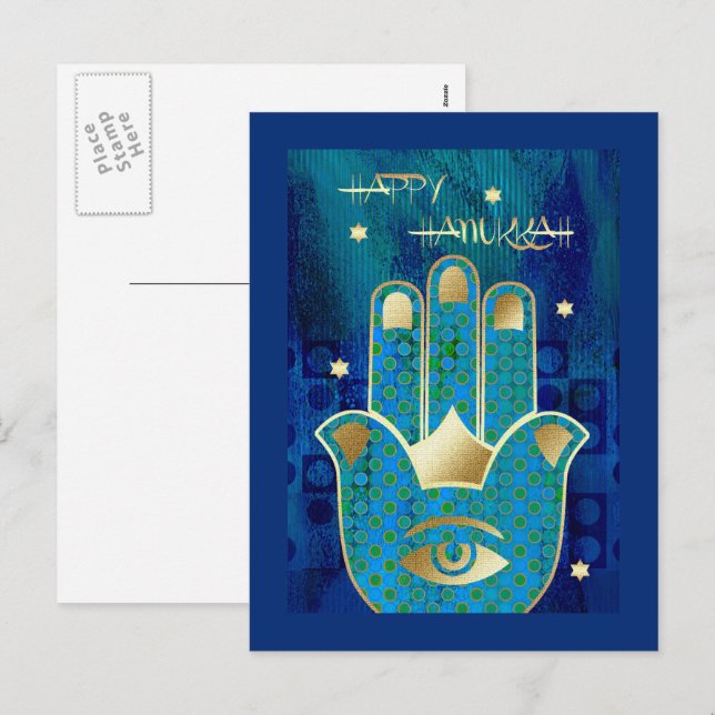 Postal Festiva Feliz Hanukkah. Símbolo de mano Gold Hamsa (Anverso / Reverso)