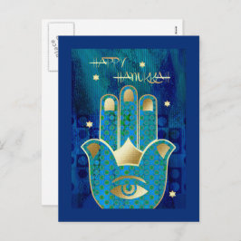 Postal Festiva Feliz Hanukkah. Símbolo de mano Gold Hamsa
