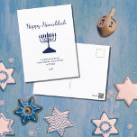 Postal Festiva Feliz Hanukkah Simple Blue Menorah<br><div class="desc">Postal feliz Hanukkah Holiday,  con una simple menorah azul y diseño de tipografía de escritura. Con letras en personalizable azul,  puede añadir su propia información. Una forma festiva de enviar buenos deseos a amigos y seres queridos.</div>