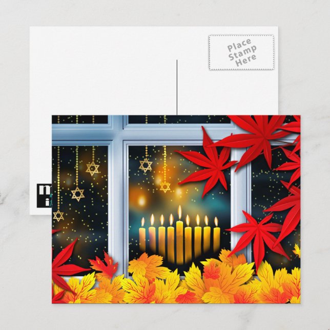 Postal Festiva ¡Feliz Hanukkah! Tema de otoño (Anverso / Reverso)