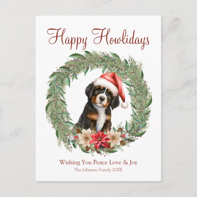 Postal Festiva Feliz Howlidays Cute Bernese Mountain Dog (Anverso)