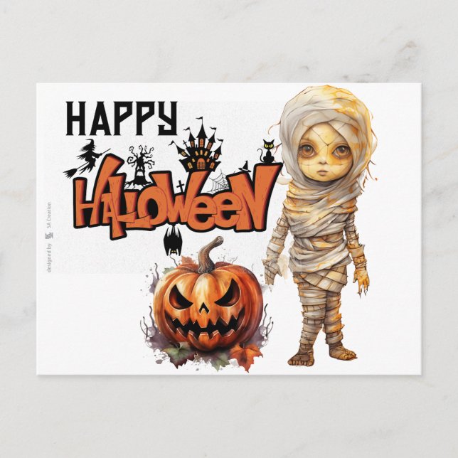 Postal Festiva Feliz momia de Halloween (Anverso)