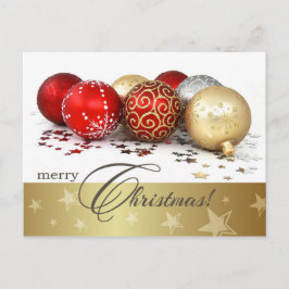 Postal Festiva Feliz Navidad. Baubles de oro rojo