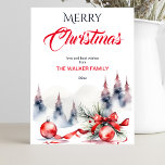 Postal Festiva Feliz Navidad, baubles rojos clásicos y pinos<br><div class="desc">Feliz Navidad clásico baubles tradicionales rojos y cinta roja higueras nevadas acuarela postal</div>
