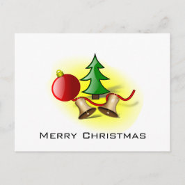 Postal Festiva Feliz Navidad, bola roja, campanas y árbol