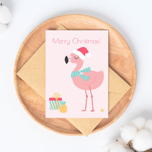 Postal Festiva ¡Feliz Navidad! Cute Tropical Santa Flamingo