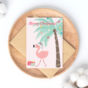 Postal Festiva ¡Feliz Navidad! Cute Tropical Santa Flamingo