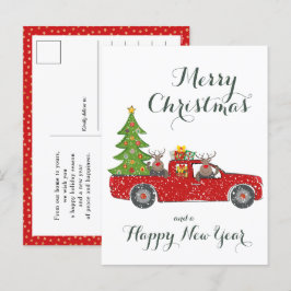 Postal Festiva Feliz Navidad, Feliz Año Nuevo Camión Rojo y Árbol
