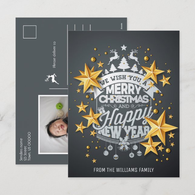 Postal Festiva Feliz Navidad, foto de Año Nuevo desea estrellas d (Anverso / Reverso)