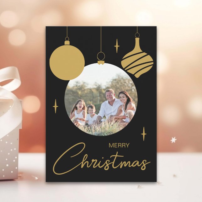 Postal Festiva Feliz Navidad, foto de la familia Black and Gold (Merry Christmas Family Photo Black and Gold Holiday Postcard)