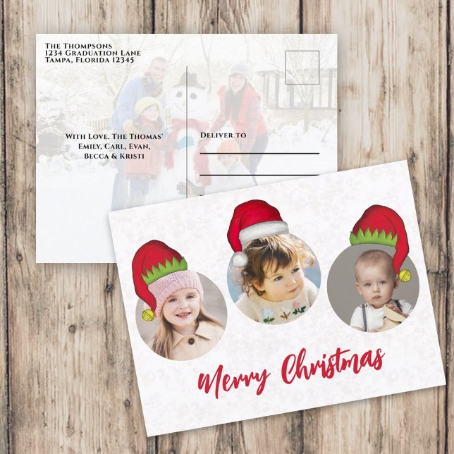 Postal Festiva Feliz Navidad, Gorra de Santa Claus (Merry Christmas holiday three photo postcard template with circle photo template. )