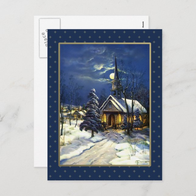 Postal Festiva Feliz Navidad. Iglesia navideña vintage (Anverso / Reverso)