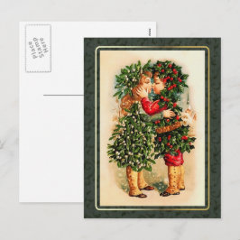 Postal Festiva Feliz Navidad. Niños besos vintage