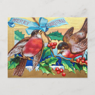 Postal Festiva Feliz Navidad, pájaros de la época y Holly Berry