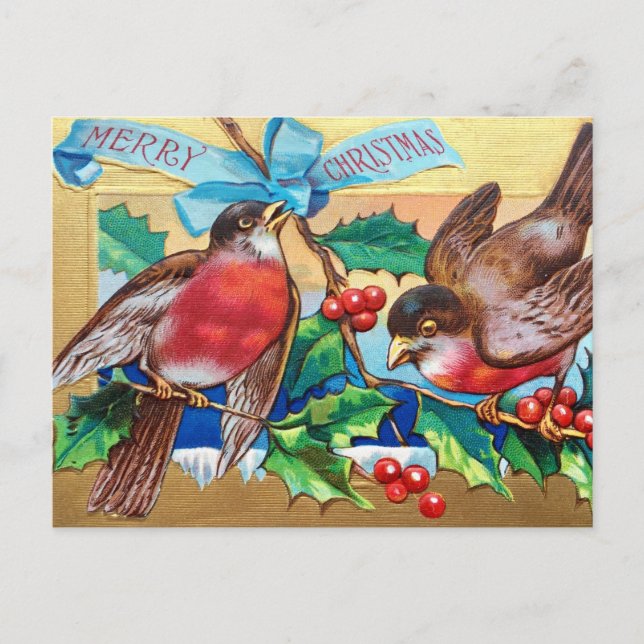 Postal Festiva Feliz Navidad, pájaros de la época y Holly Berry (Anverso)