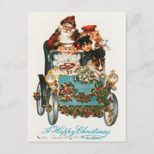Postal Festiva Feliz Navidad, Papá Noel y los niños conducen un a