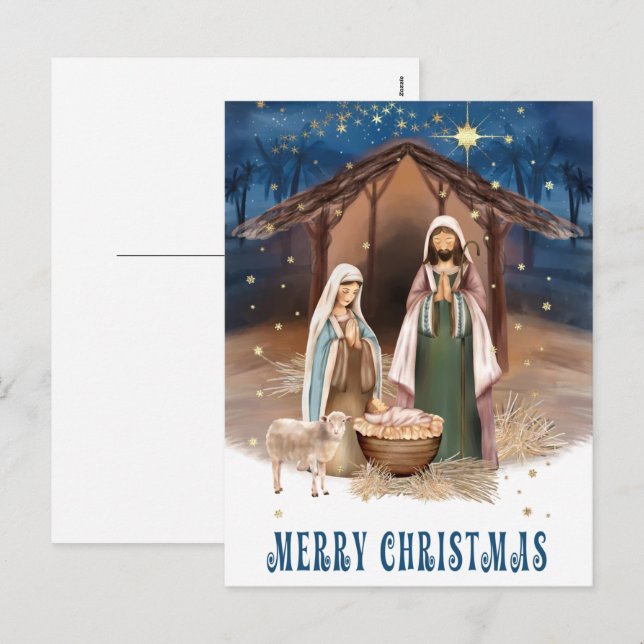 Postal Festiva Feliz Navidad. Pintura de escena de la natividad (Anverso / Reverso)