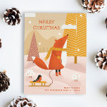 Postal Festiva Feliz Navidad. Pterozoide de invierno<br><div class="desc">Postcard de "Feliz Navidad" con adorable personalizado zorro de bosque y animales de bullfinch con colores amarillo naranja rosa y rubio para las vacaciones de invierno.</div>