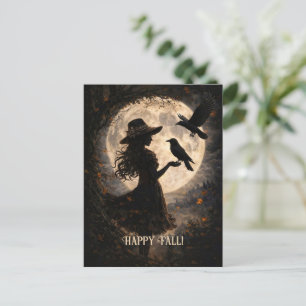 Postal Festiva Feliz Otoño Chica Boho Linda y Cuervos